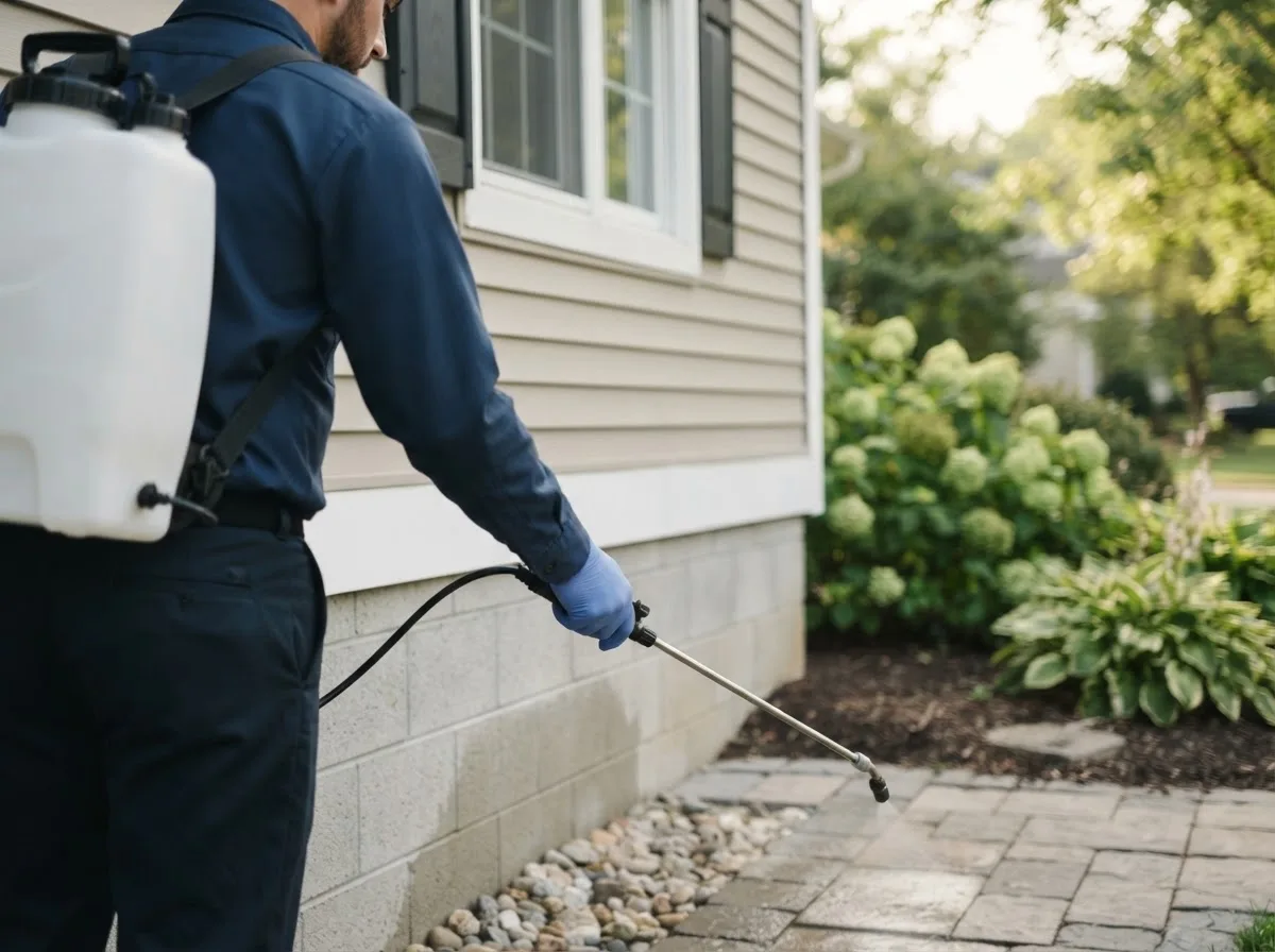 Pest control technician inspecting a home in Mountain Home Afb, ID